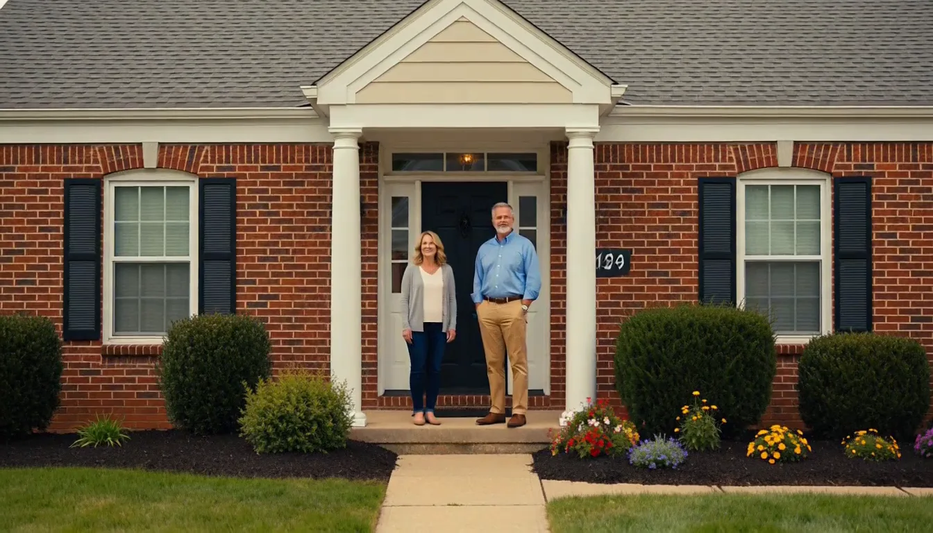 A couple standing at the front door of their brick home