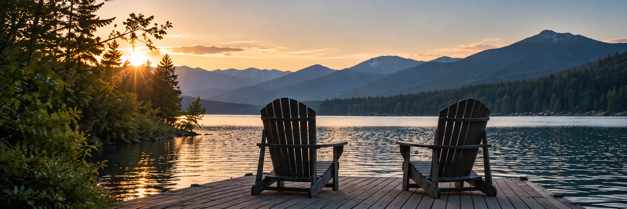 Two chairs on a dock overlooking a mountain lake at sunset