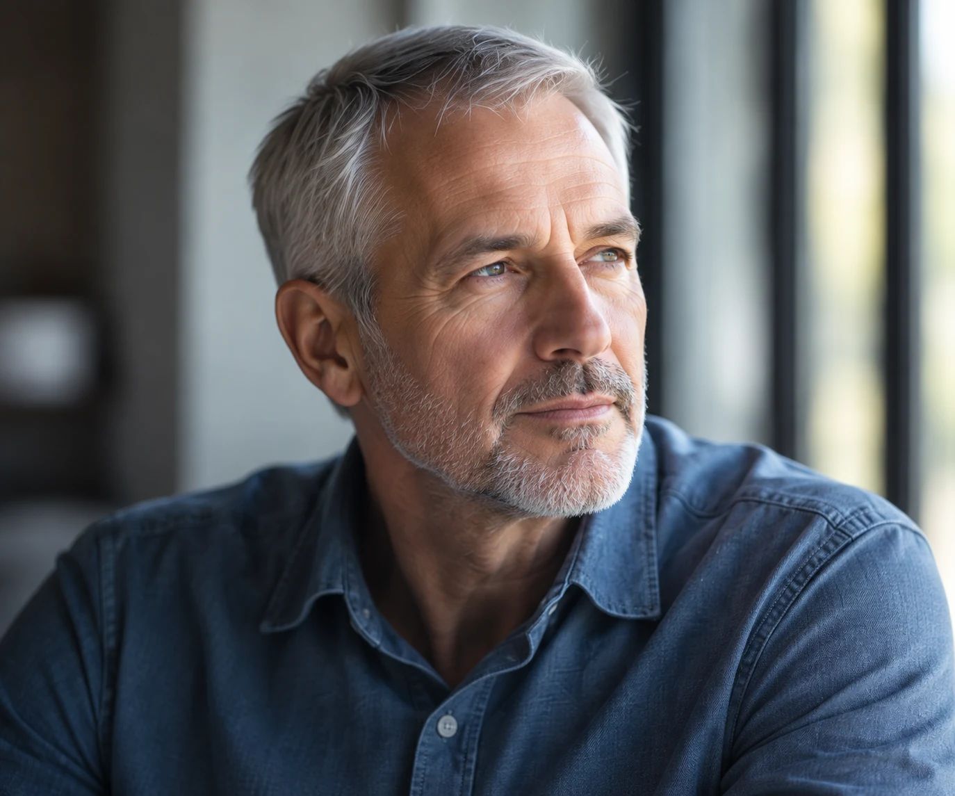 A man looking thoughtfully toward the light